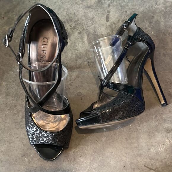 Size 8 Black Sparkly Guess Peep Toe Platform Stilettos - Picture 2 of 5